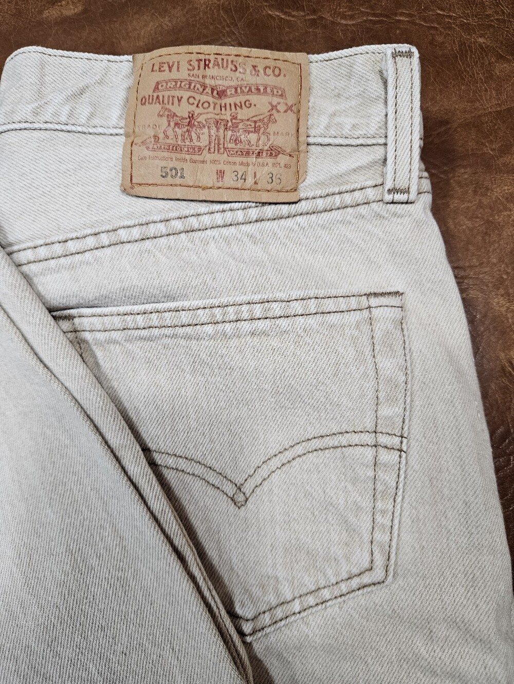 Levi's Faded Beige 501 Straight Back Pocket Jeans 90s Made In USA 34X36